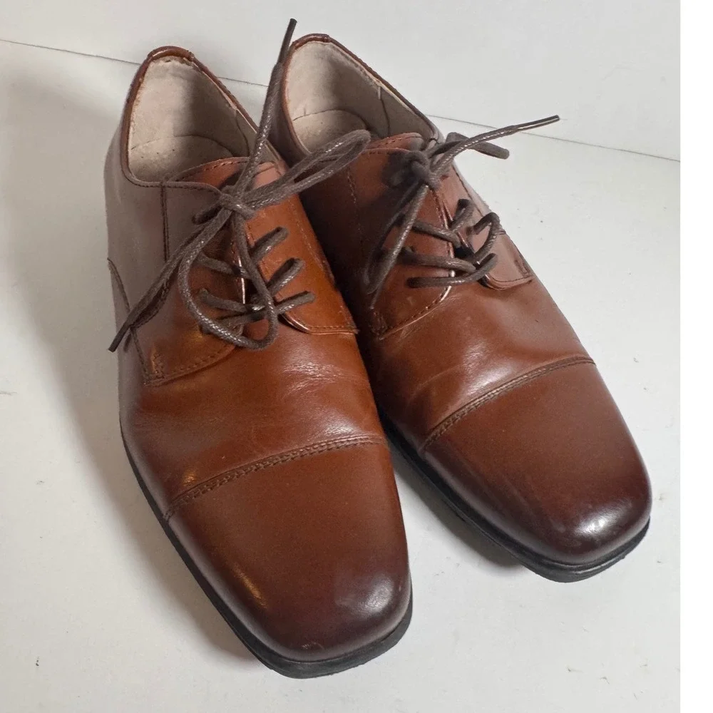 Florsheim Kids Boys Cognac Brown Leather Cap Toe Oxford Dress Shoes 5M 16599-221